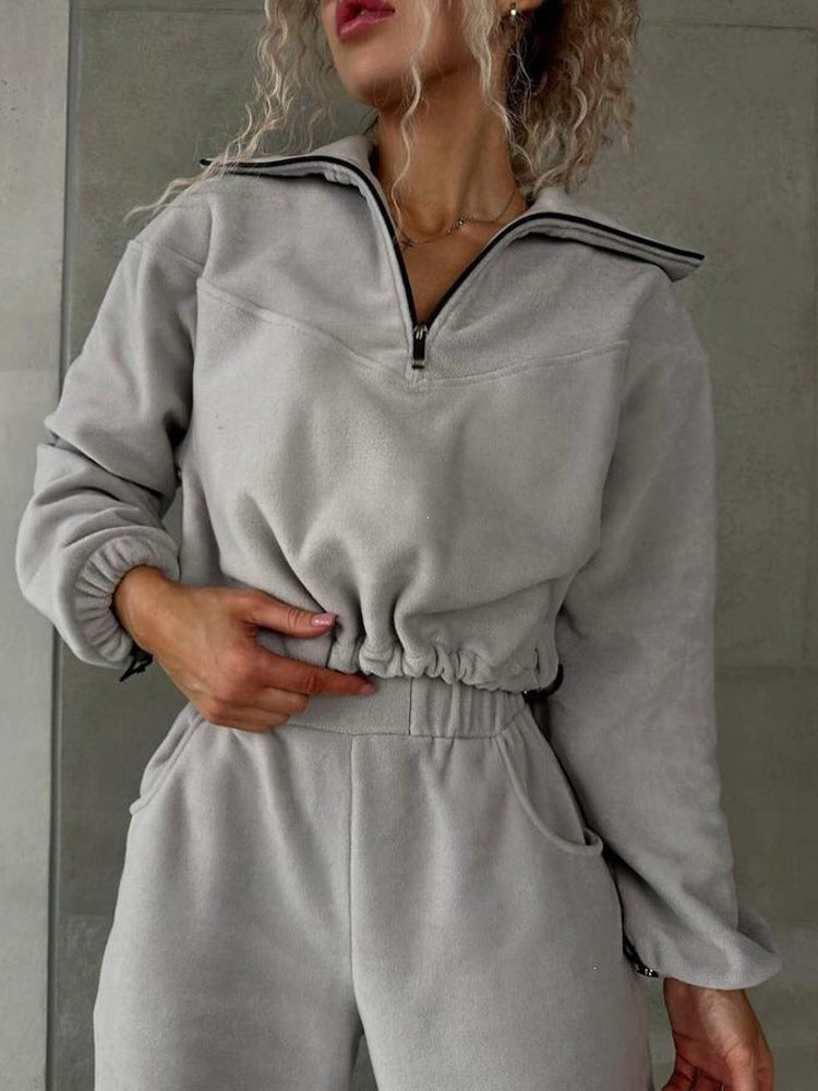 Damen Fleece-Cropped-Sweatshirt mit halbem Reißverschluss und Tunnelzug Drune