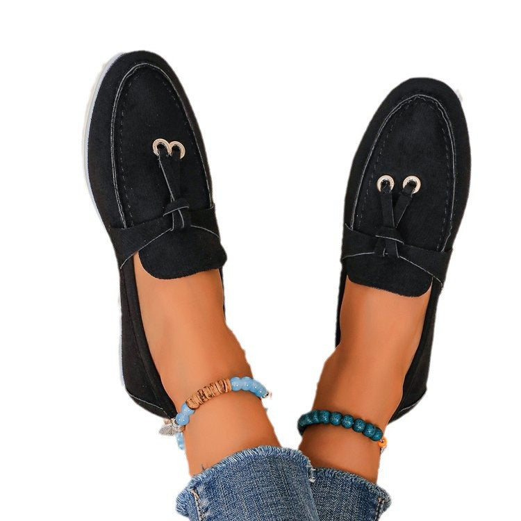 Damen Slipper-Loafer aus Velourslederoptik mit dekorativem Knotenriemen und leicht profilierter Gummisohle Drune