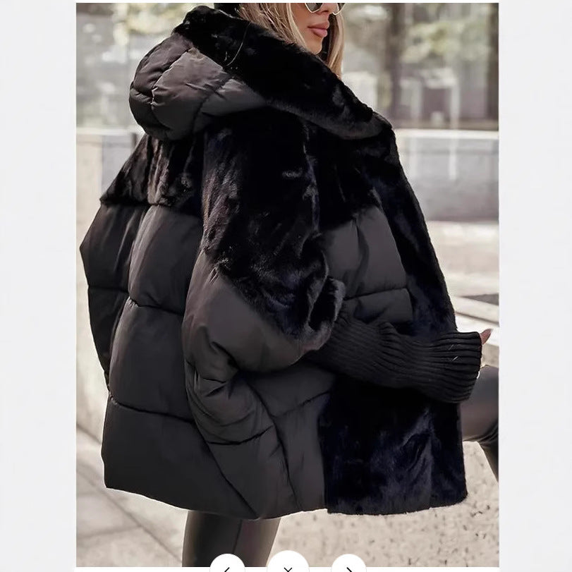 Damen nan oversized gesteppte Winterjacke mit Kunstfellpanelen, Kapuze und integrierten Rippenärmel-Details Drune