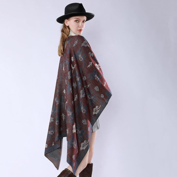 Damen Oversized Ruana im Jacquard mit Katzen- & Blumenmotiv Drune