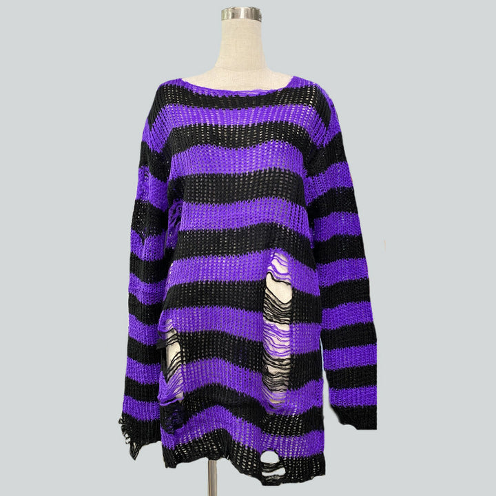 Damen nan Oversized Grobstrickpullover mit breiten Blockstreifen und aufgerissenem Design Drune
