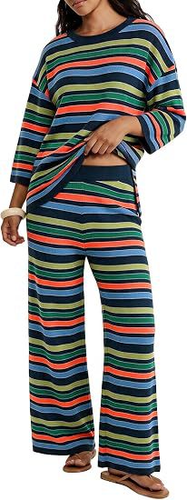 Damen Gestreiftes Lounge-Set aus leichtem Strick mit weitem Bein und 3/4-Ärmeln Drune