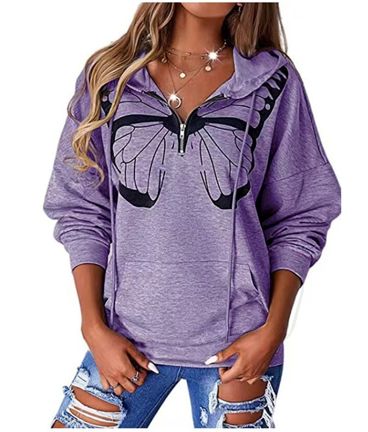 Damen Kapuzenpullover mit halbhohem Reißverschluss und Schmetterlingsprint Drune