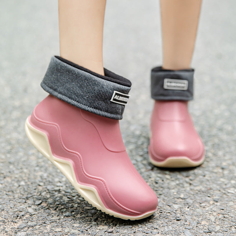 Damen Wasserdichte Slip-On Ankle‑Gummistiefelette mit umgeschlagenem Strickkragen Drune