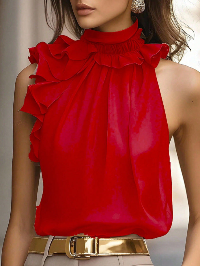 Damen Hochgeschlossenes Chiffon-Top mit Rüschenkragen und asymmetrischem Volant Drune