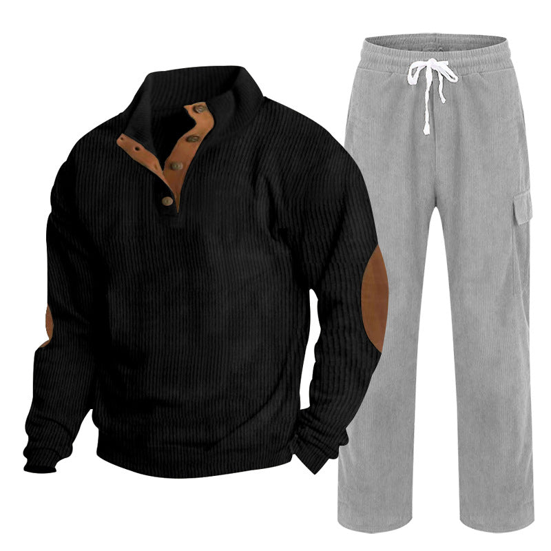 Herren Gemütliches Freizeit-Set aus Waffelstrick-Henley mit Ellenbogenpatch und Relax-Cargo-Hose Drune