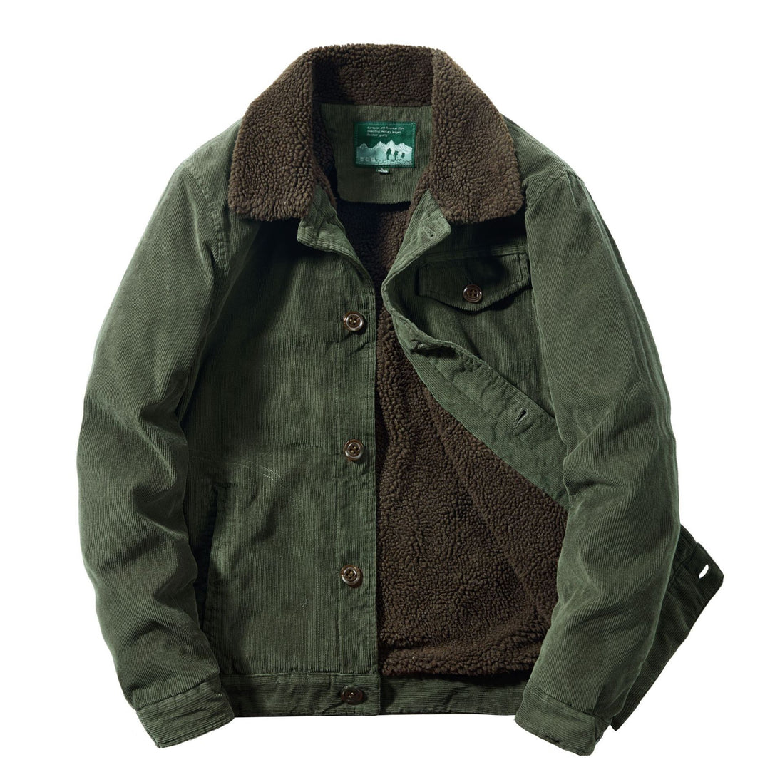 Herren Cord-Truckerjacke mit durchgehendem Sherpa‑Futter und Hemdkragen Drune