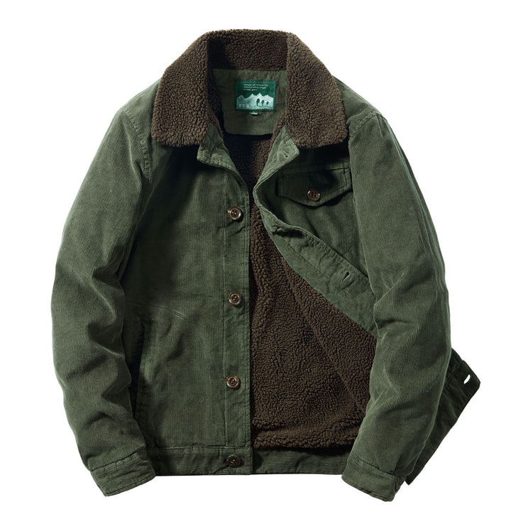 Herren Cord-Truckerjacke mit durchgehendem Sherpa‑Futter und Hemdkragen Drune