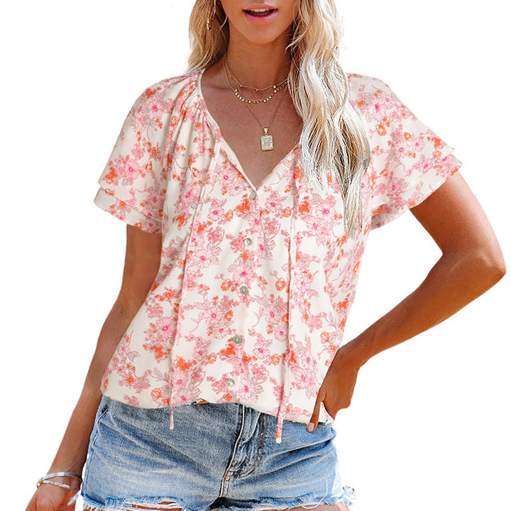 Damen luftige Bluse mit floralem Muster und dekorativen Knopfdetails Drune