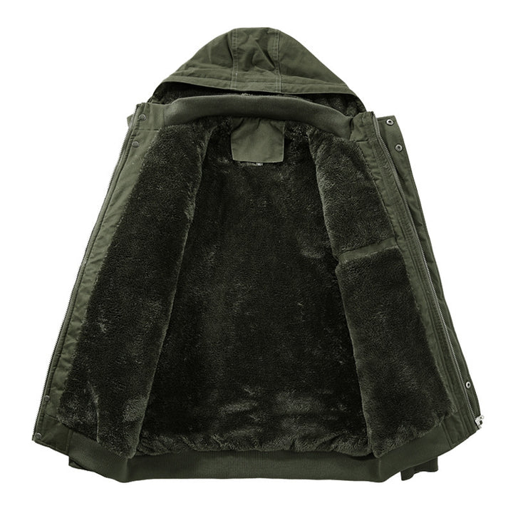 Herren Wasserabweisender Canvas-Bomber mit wärmender Sherpa-Innenlage, Kapuze und Utility-Taschen Drune
