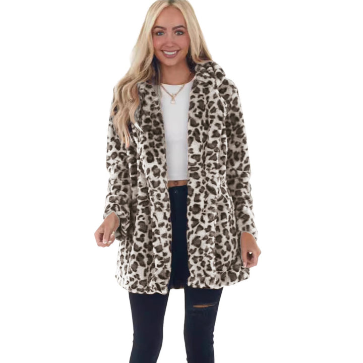 Damen Kunstfell Leopardenmuster Kapuzen Plüsch Mid-Length Mantel Drune