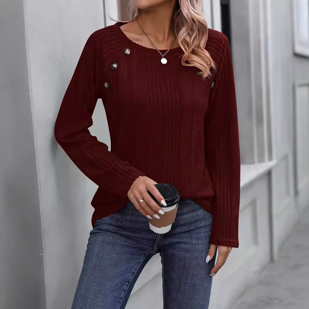 Damen Feiner Rippstrick-Pullover mit Zierknopfleiste und Rundhalsausschnitt Drune