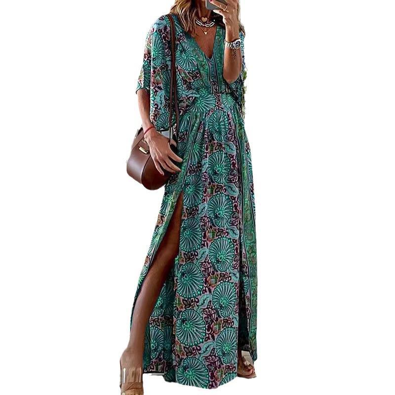 Damen Maxikleid im Boho-Stil mit Wickeleffekt, V-Ausschnitt und hohem Beinschlitz Drune
