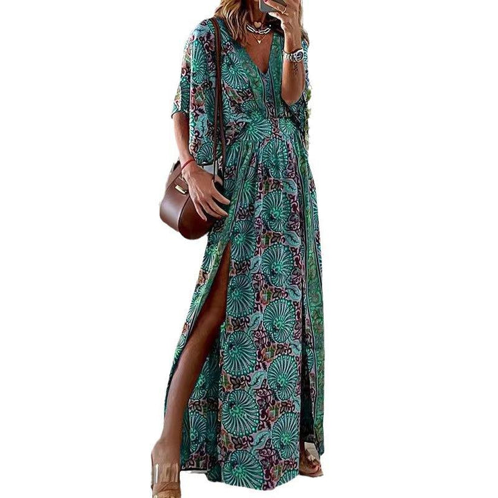 Damen Maxikleid im Boho-Stil mit Wickeleffekt, V-Ausschnitt und hohem Beinschlitz Drune