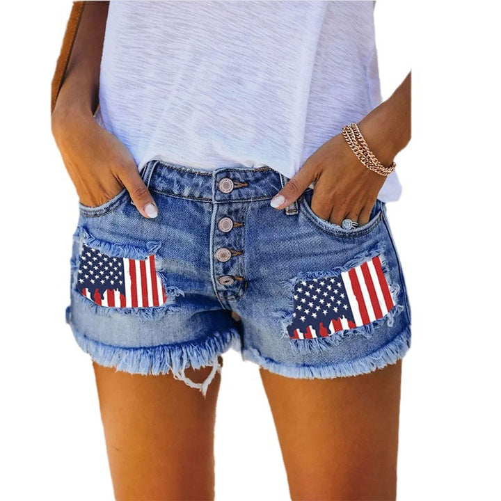 Damen Jeans-Shorts mit Vintage-Style und flaggenmotivierten Applikationen Drune
