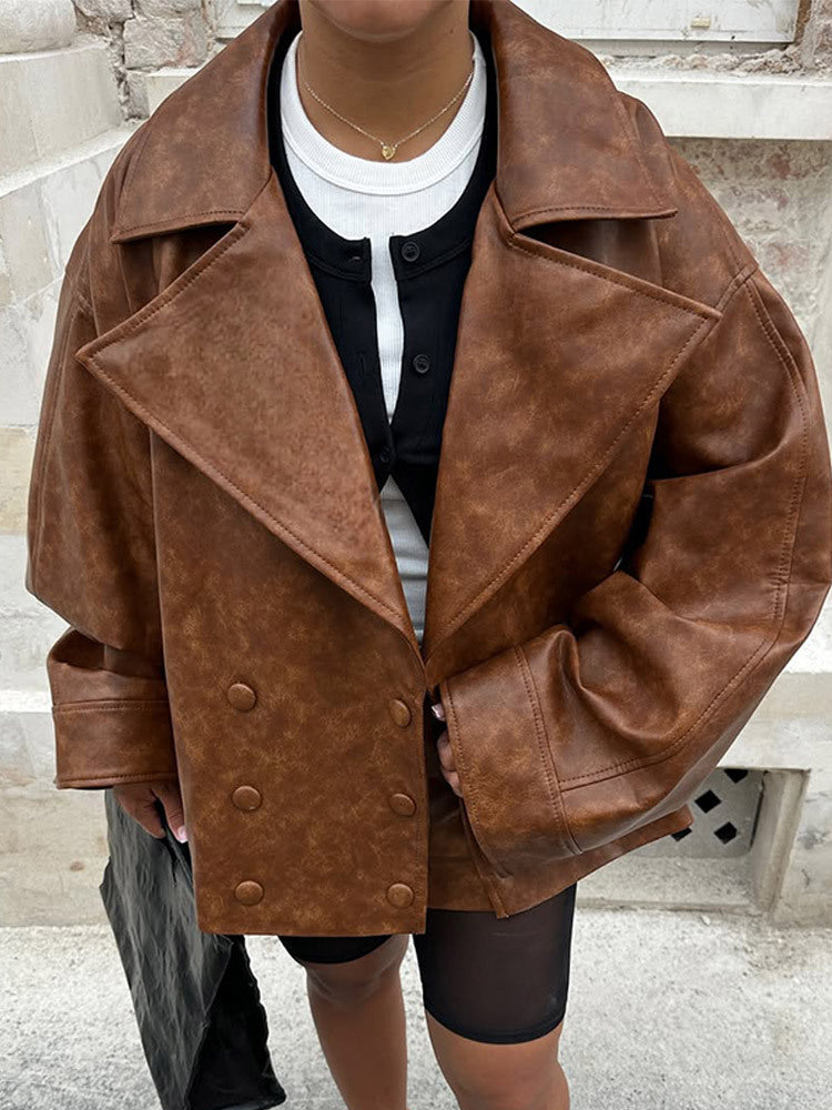 Damen Cropped-Boxy Lederimitat-Mantel mit übergroßem Revers und doppelreihiger Knopfleiste Drune