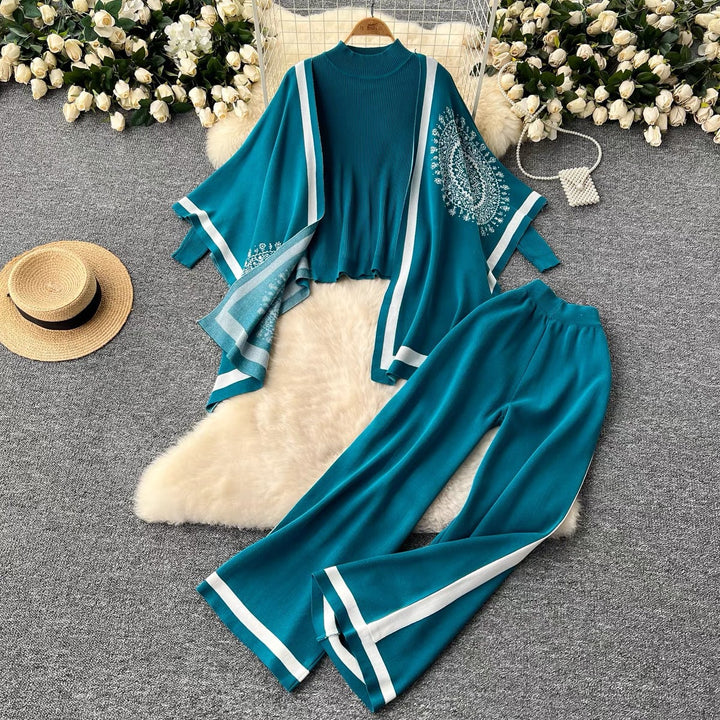 Damen lässiges Strickensemble mit langen Ärmeln und weitem Bein Drune