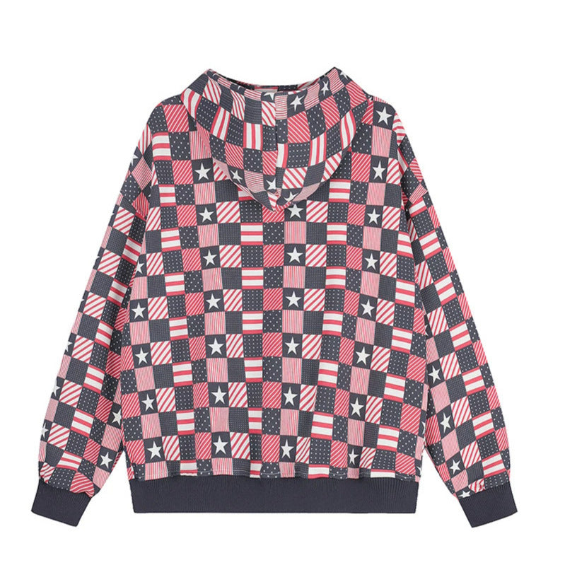 Damen Zip-Kapuzenjacke mit Allover-Patchwork-Sternen- und Streifenmuster Drune