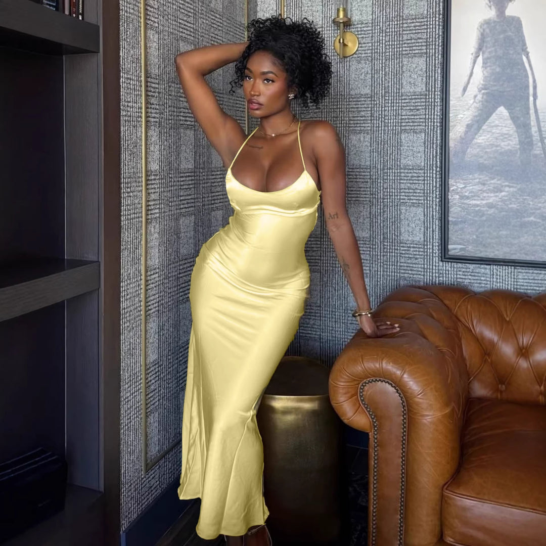 Damen elegantes Satin-Nachtkleid mit schmalen Spaghettiträgern und fließendem Schnitt Drune