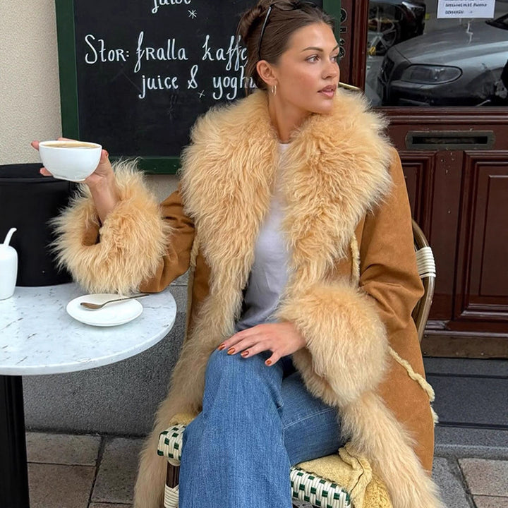 Damen Langer Shearling‑Imitatmantel mit voluminösem Schalkragen und Plüschmanschetten Drune