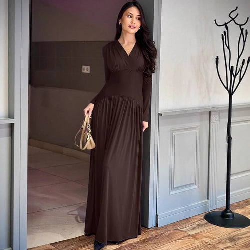 Damen Elegantes Maxikleid mit tiefem V-Ausschnitt und fließendem Schnitt Drune