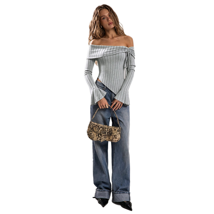 Damen schulterfreies geripptes Strick-Top mit asymmetrischem Zipfelsaum und Schnürdetail Drune
