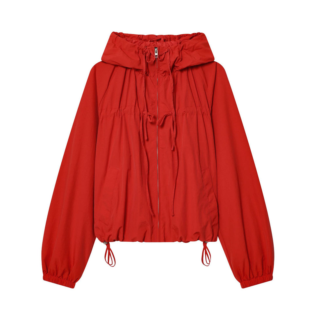 Damen nan kurzer Kapuzen-Windbreaker mit Tunnelzug, Reißverschluss und elastischem Saum Drune