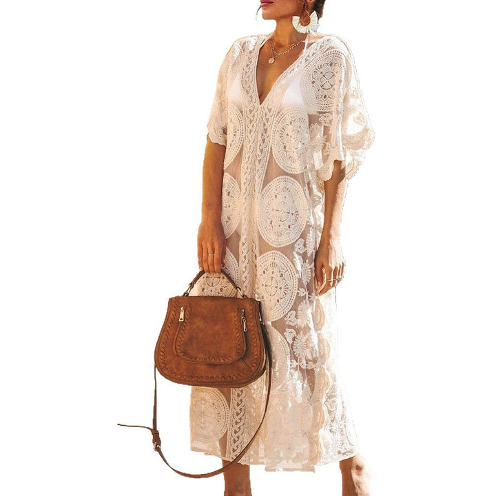Damen Elegantes Häkel-Strandüberwurfkleid mit voluminösen Ärmeln und V-Ausschnitt Drune
