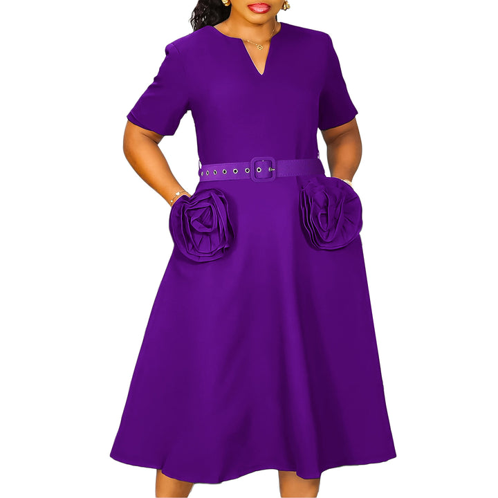 Damen elegantes Midi-Kleid mit Blumenapplikationen und Taillengürtel Drune