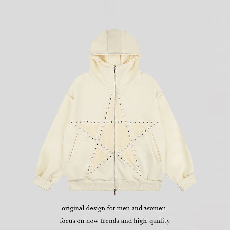 Damen Oversize Kapuzen-Zipjacke mit Nieten-Sternmotiv und hohem Kragen Drune