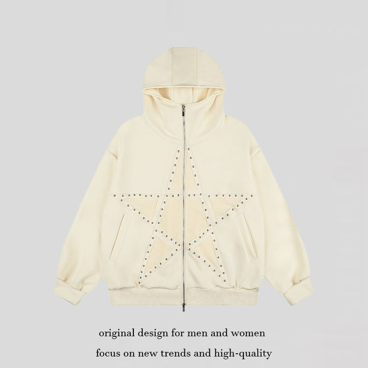 Damen Oversize Kapuzen-Zipjacke mit Nieten-Sternmotiv und hohem Kragen Drune