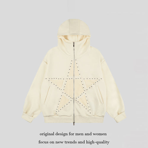 Damen Oversize Kapuzen-Zipjacke mit Nieten-Sternmotiv und hohem Kragen Drune