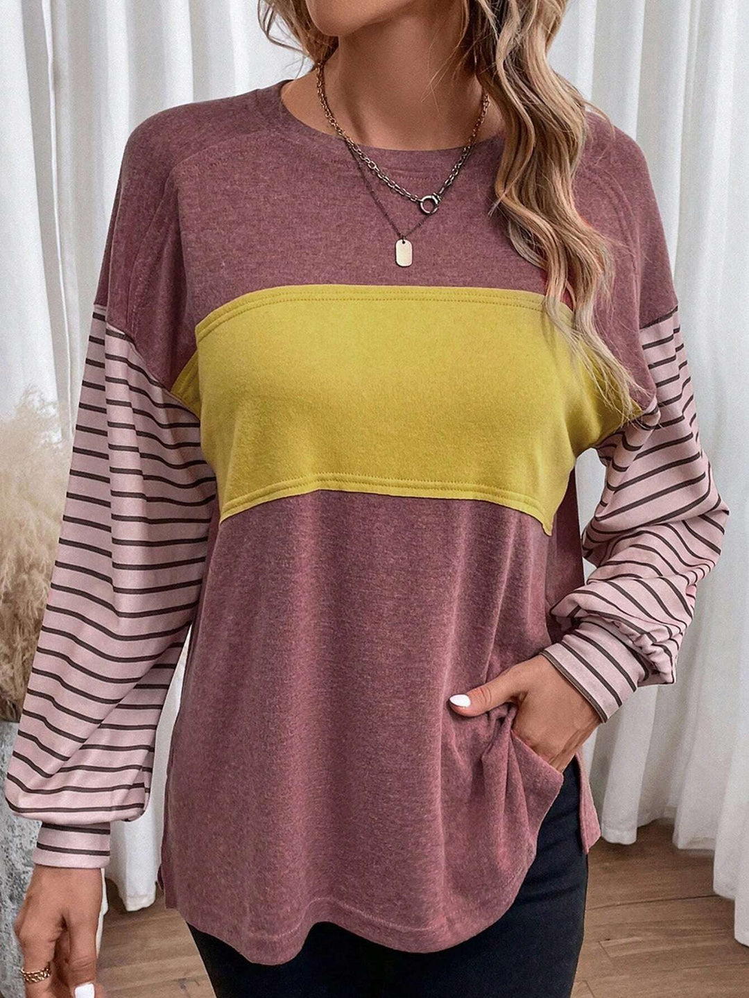 Damen Oversize-Longsleeve mit Colorblock, gestreiften Ärmeln und Rundhalsausschnitt Drune