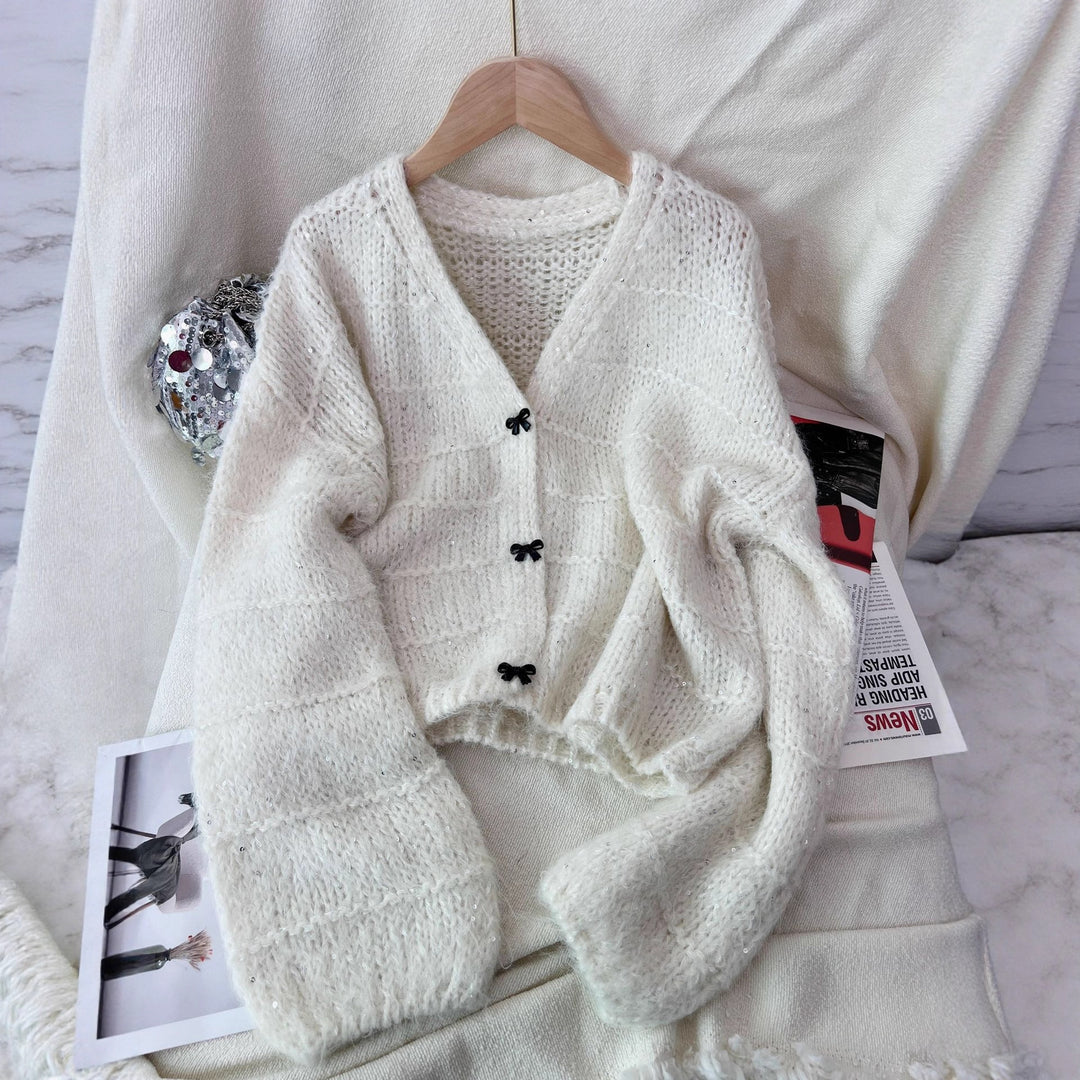 Damen luftige Strickjacke mit ballonärmel und zarten Knopfdetails Drune
