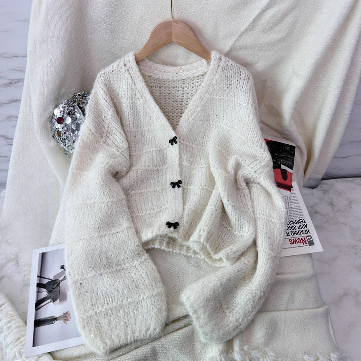 Damen luftige Strickjacke mit ballonärmel und zarten Knopfdetails Drune