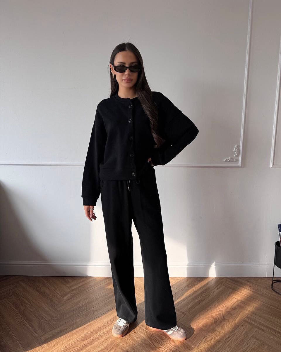 Damen geknöpftes Cropped-Lounge-Set mit Oversize-Cardigan und hochtaillierter Wide-Leg Jogginghose Drune
