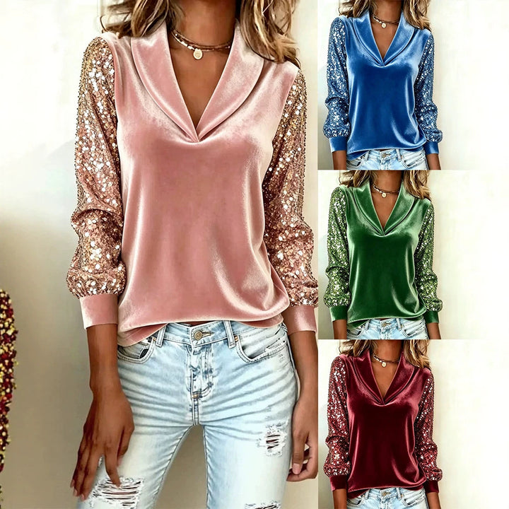 Damen Elegante Samtbluse mit Schalkragen, Paillettenärmeln und Ballonärmeln Drune