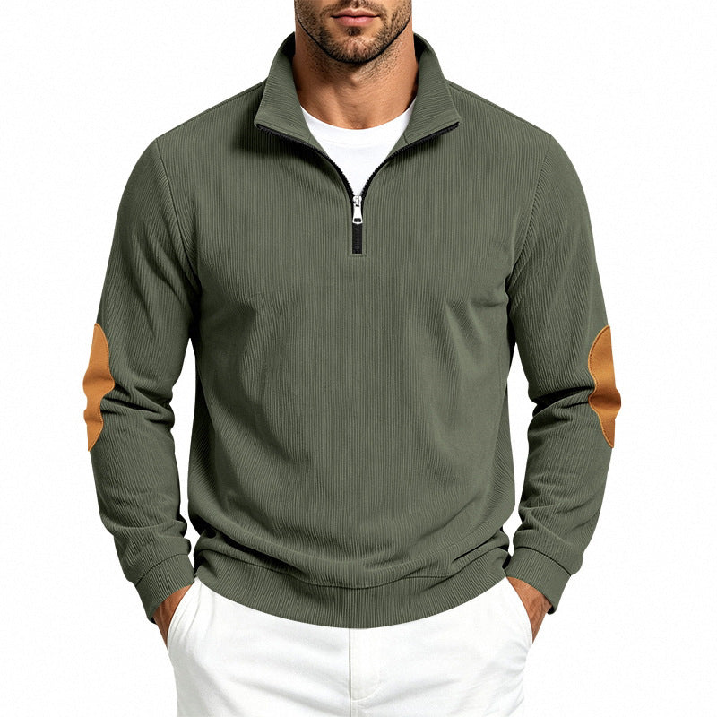Herren Feinstrick-Halbzip-Pullover mit Cordstruktur und Kontrast-Ellbogenpatch Drune