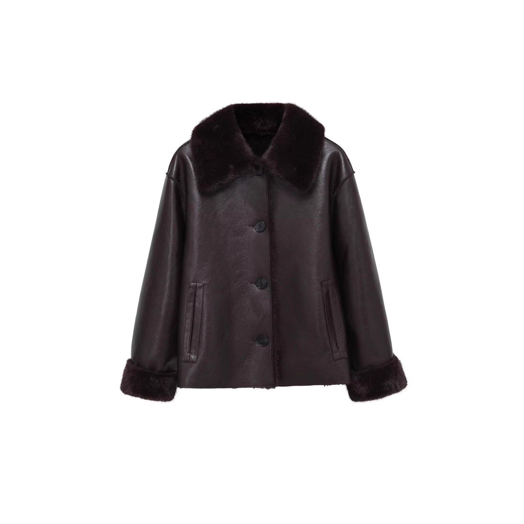 Damen Kastige Fauxleder-Jacke mit Kunstfellkragen, Lammfellimitat‑Futter und Knopfverschluss Drune