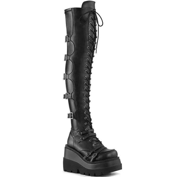 Damen Overknee-Boots im Biker-Stil mit durchgehender Schnürung, Seitenreißverschluss und klobiger Plateausohle Drune