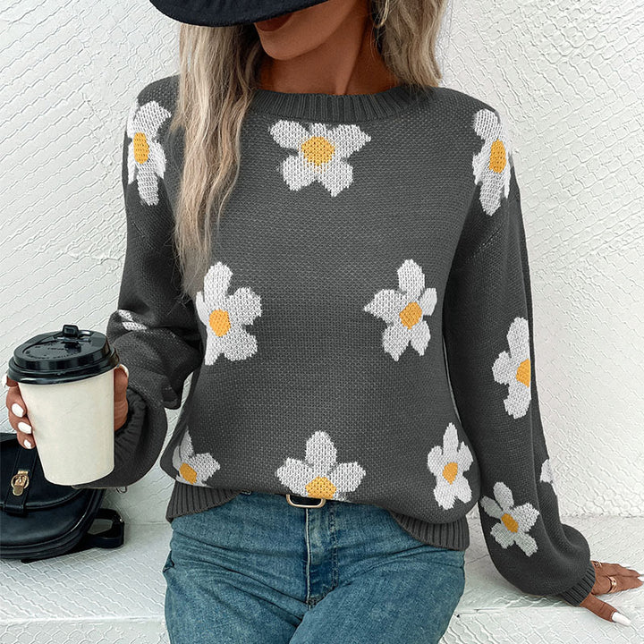 Damen Gemusterter Strickpullover mit Blumenmotiv Drune