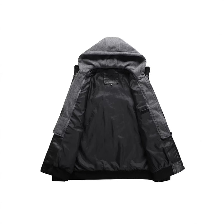 Herren Modische Kunstlederjacke mit abnehmbarer Kapuze Drune