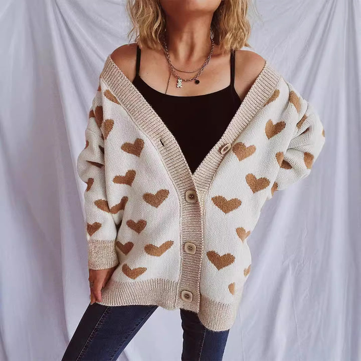 Damen Strickjacke mit herzförmigem Muster und knöpfbarem Design Drune