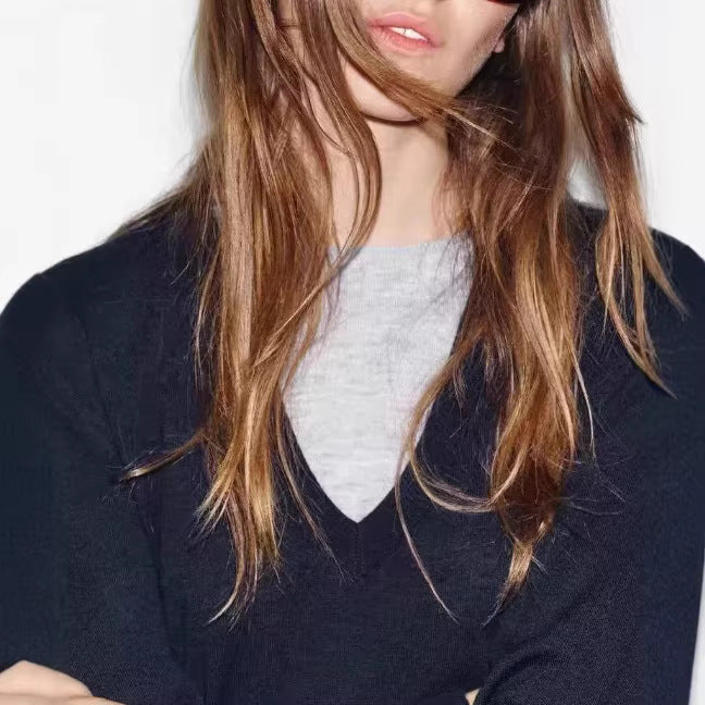 Damen Feiner V-Ausschnitt-Strickpullover mit integriertem Kontrast-Layer Drune