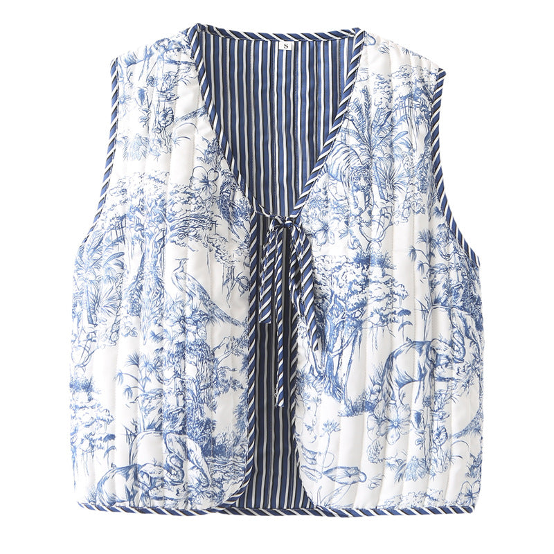 Damen nan gequiltete Patchwork-Weste mit Bindeband und V-Ausschnitt Drune