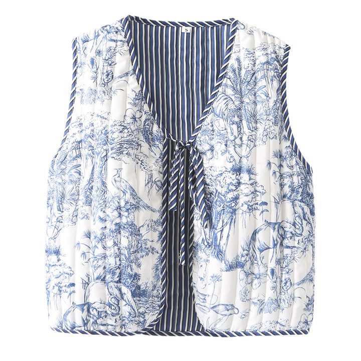 Damen nan gequiltete Patchwork-Weste mit Bindeband und V-Ausschnitt Drune