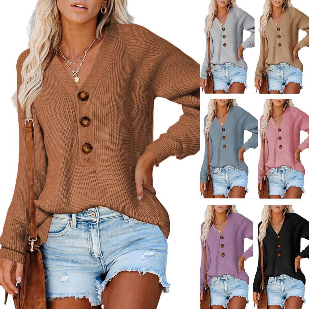 Damen Gerippter Strickpullover mit V‑Ausschnitt, Zierknopfleiste und Ballonärmeln Drune