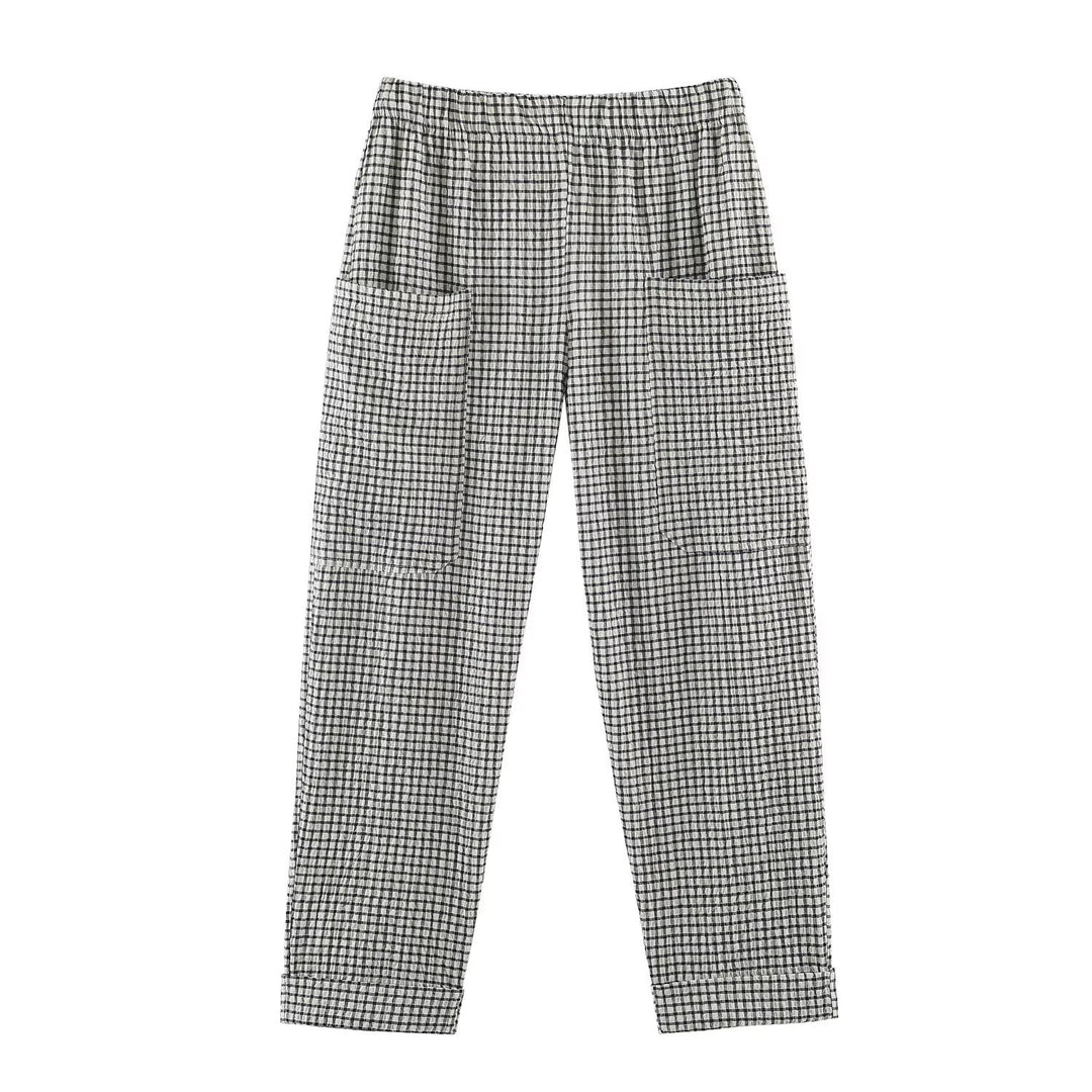 Damen Leichte karierte Seersucker-Hose mit Gummibund, aufgesetzten Taschen und schmal zulaufendem Bein Drune