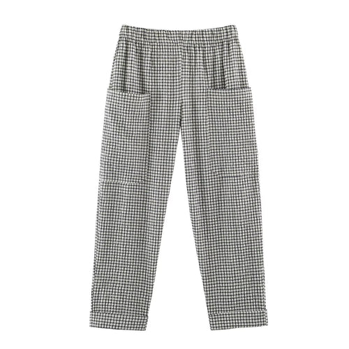 Damen Leichte karierte Seersucker-Hose mit Gummibund, aufgesetzten Taschen und schmal zulaufendem Bein Drune