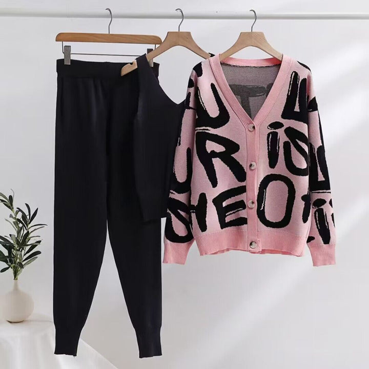 Damen gemütliches Strick-Loungewear-Set mit Dekorativem Schriftzug Drune